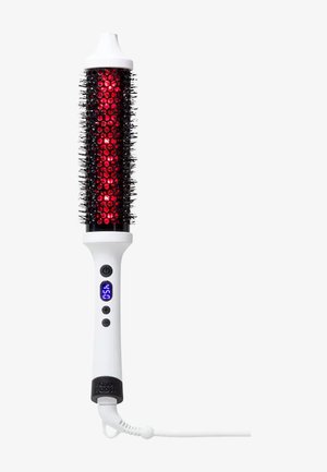 Red and black heated styling brush with a white handle, digital display, buttons, and bristles for styling. Corded with a round brush shape.