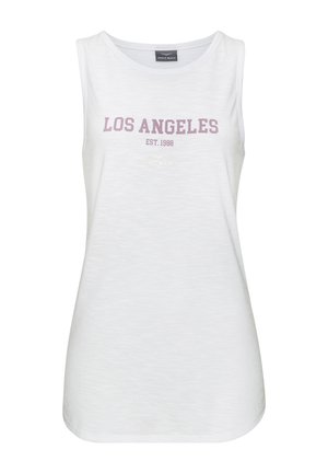 Wit mouwloos tanktop met "LOS ANGELES EST. 1988" in roze en kleine tekst "Venice Beach" daaronder op de voorkant.