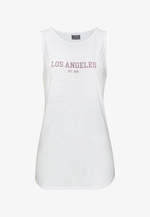 Biała bezrękawnikowa koszulka z napisem "LOS ANGELES EST. 1988" w kolorze różowym oraz małym napisem "Venice Beach" poniżej z przodu.