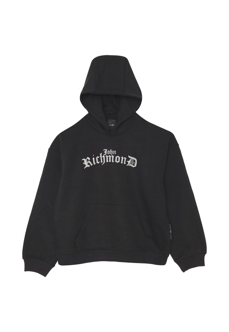 Felpa nera oversize in cotone, con tasca a marsupio frontale e logo bianco "John Richmond" attraversato sul petto.