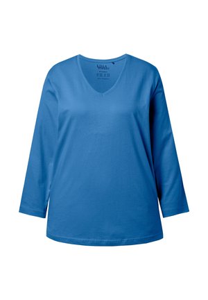 V-Ausschnitt, langärmeliges T-Shirt in leuchtendem Blau aus weichem Baumwollstoff. Glatte Textur mit entspanntem Schnitt und geradem Saum.