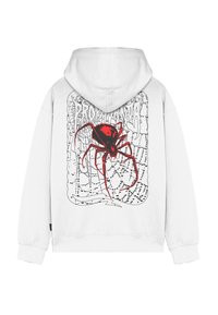Felpa bianca con un grande grafico di un ragno rosso sulla schiena, con un design di ragnatela nera e la parola "PROLAVANT" in caratteri stilizzati.