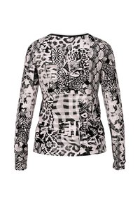 Long-sleeve top featuring a black-and-white print with various patterns, including animal prints and text. Soft fabric, round neckline, regular fit.
