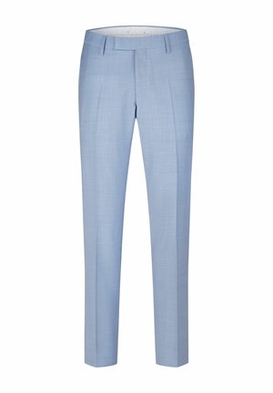 Light blue slim-fit dress trousers with belt loops, front crease, and concealed fastening, displayed against white background.