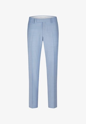 Light blue slim-fit dress trousers with belt loops, front crease, and concealed fastening, displayed against white background.