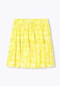 Jupe jaune tie-dye avec une taille élastique, plusieurs étages et un ourlet froncé. Tissu léger et fluide avec une texture douce.