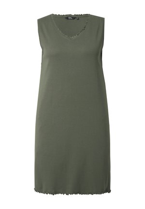 Vestito verde senza maniche realizzato in tessuto morbido, con scollatura a V e orlo scallop. Silhouette semplice e dritta senza ulteriori motivi.