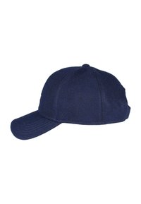 Navy blue baseball cap with curved brim and visible stitching, shown from the side on a white background.