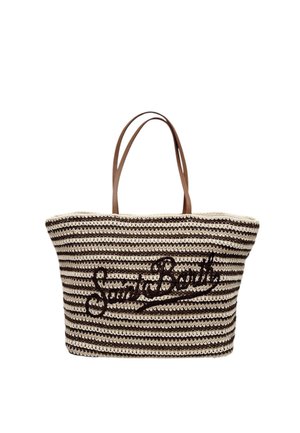 Borsa tote intrecciata a righe con linee orizzontali marroni e beige, con testo "Saint Barth" e due tracolle in pelle marrone.