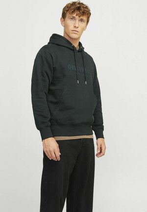 Dark green hoodie made of soft fabric, featuring a front pocket and drawstrings, with "ORIGINALS" printed on the chest and ribbed cuffs.
