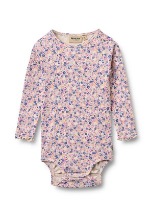 Body de bebé de manga larga con tejido acanalado, estampado floral en tonos rosa, azul y morado, cuello redondo, botones a presión en el hombro y cierres a presión en la entrepierna.