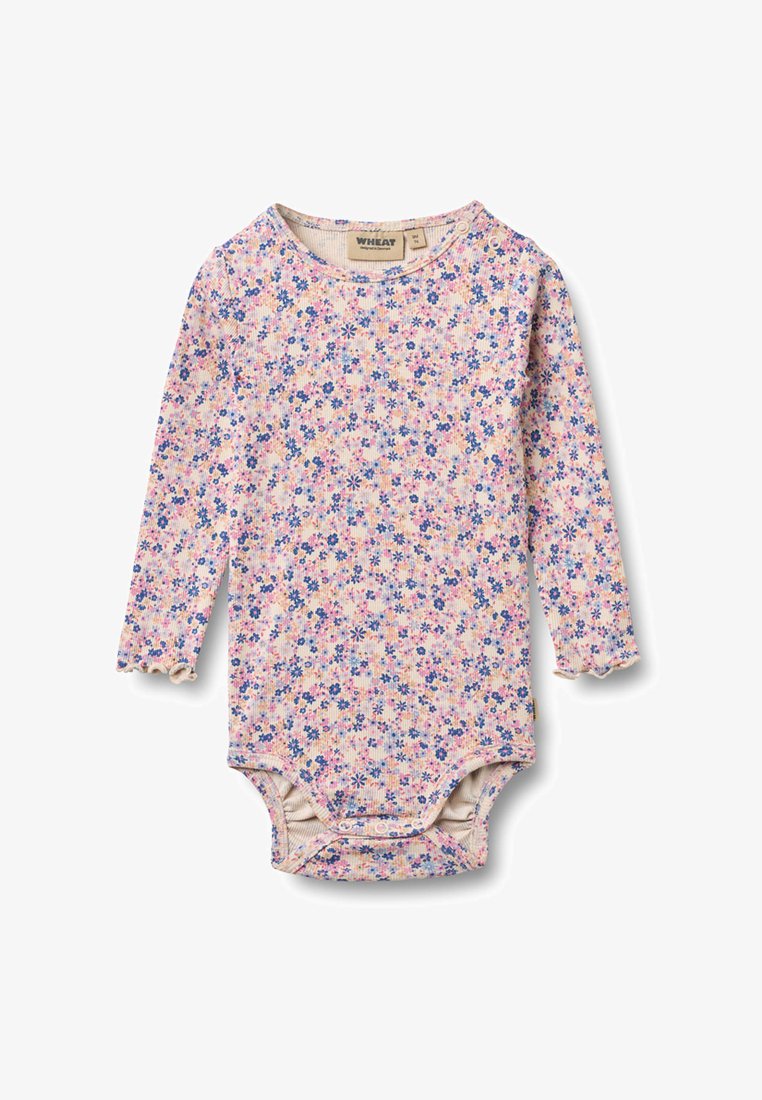 Body de bebé de manga larga con tejido acanalado, estampado floral en tonos rosa, azul y morado, cuello redondo, botones a presión en el hombro y cierres a presión en la entrepierna.