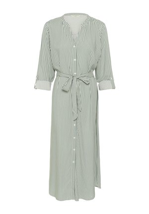 Lichtgroene gestreepte jurk met lange mouwen, knoopsluiting aan de voorkant en een strik in de taille. Gemaakt van zacht materiaal met horizontale en verticale strepen.
