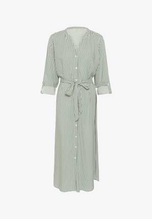 Vestito verde chiaro a righe con maniche lunghe, chiusura a bottoni sul davanti e cintura annodata in vita. Realizzato in tessuto morbido con righe orizzontali e verticali.