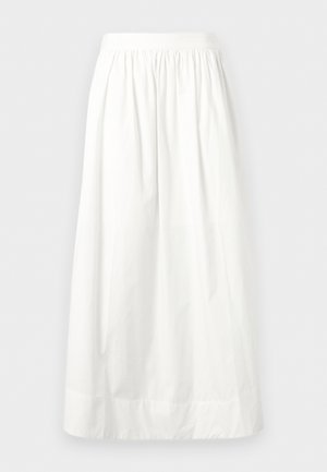 Jupe blanche longueur cheville avec taille élastique froncée et tissu léger et fluide.