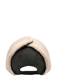 Black cap with a soft, beige shearling band around the top. Features a rounded shape and adjustable snapback closure at the rear.