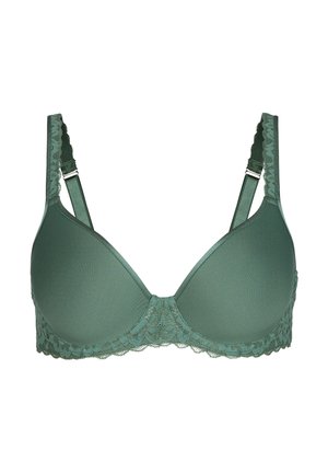 Soutien-gorge en dentelle verte avec des bonnets rembourrés, des bretelles réglables et un galon en dentelle le long de la bande. Matériau lisse et design sans coutures pour plus de confort.