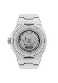 Automatic wristwatch with a stainless steel case and bracelet. Visible movement design in silver with black detailing. Water-resistant.
