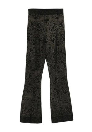 Pantaloni neri a zampa con intricati motivi jacquard floreali e geometrici grigi su tutto il tessuto.