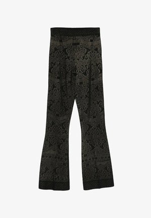 Pantaloni neri a zampa con intricati motivi jacquard floreali e geometrici grigi su tutto il tessuto.