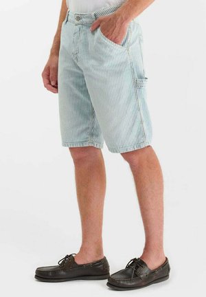 Man draagt lichtblauwe en wit gestreepte korte broek met zijzak, wit overhemd en donkerbruine bootschoenen, staat met één hand in de zak.