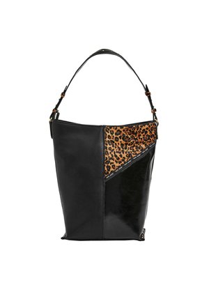 Zwarte leren tas met een panterprintpaneel, met een hedendaagse vorm en een schouderband, gepimd met goudkleurige hardware.