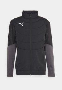 Schwarze Zip-Jacke mit hohem Kragen, gepolstertem Oberteil und grauen Ärmeln. Mit einem weißen Logo auf der Brust und elastischem Saum.