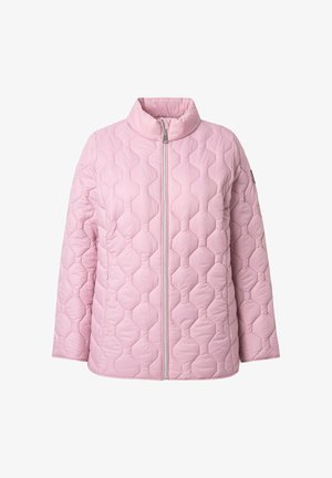 Pink quiltet jakke med stående krave, der har en frontlynlås og et sekskantet mønster over hele stoffet.