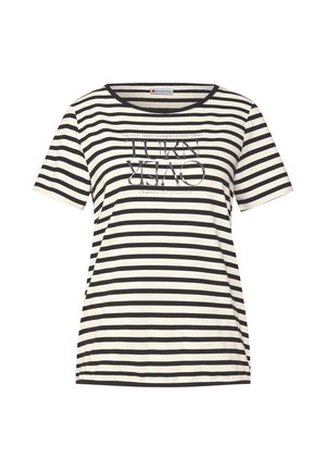 Schwarz-weiß gestreiftes T-Shirt mit kurzen Ärmeln, Rundhalsausschnitt und bedrucktem Textdesign auf der Vorderseite. Hergestellt aus weichem Stoff.