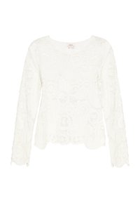 Bílý dlouhý rukáv top vyrobený z texturované krajky s paisley vzorem a kulatým výstřihem, s volným střihem a zdobenými lemy.