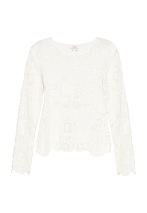 White long-sleeve top made of textured lace with a paisley pattern and a round neckline, featuring a loose fit and scalloped edges.