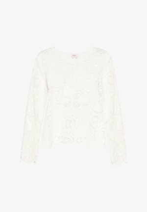 White long-sleeve top made of textured lace with a paisley pattern and a round neckline, featuring a loose fit and scalloped edges.