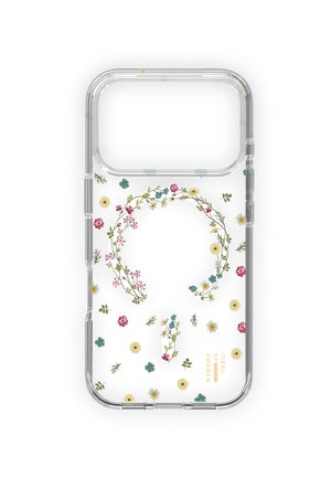 Klares Smartphone-Case mit mehrfarbigen kleinen Blumenmustern und dem Schriftzug "IDEAL OF SWEDEN" in Gold unten rechts.