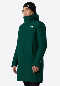Grøn isoleret parka med høj krave, to sidelommer og sort detalje på ærmet. Den har et vandtæt og åndbart stof.