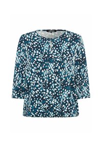 Marineblauer Pullover mit Dreiviertelärmeln, der ein gesprenkeltes Muster in Hellblau und Weiß aufweist, aus strukturiertem Stoff und mit rundem Halsausschnitt.