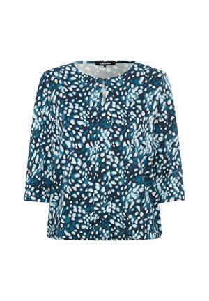 Marineblauer Pullover mit Dreiviertelärmeln, der ein gesprenkeltes Muster in Hellblau und Weiß aufweist, aus strukturiertem Stoff und mit rundem Halsausschnitt.