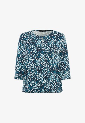 Pull bleu marine à manches trois-quarts, avec un motif moucheté bleu clair et blanc, en tissu texturé et décolleté rond.