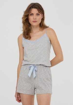 Set di pigiama grigia con top senza maniche caratterizzato da pizzo e pois. I pantaloni corti hanno un elastico in vita con un fiocco azzurro.