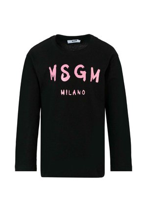 Zwarte longsleeve met roze "MSGM" en "MILANO" tekst gedrukt op de voorkant in vetgedrukt, gestileerd lettertype.