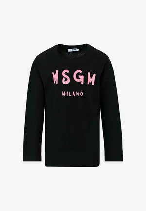 T-shirt à manches longues noire avec le texte rose "MSGM" et "MILANO" imprimé sur le devant en police grasse et stylisée.