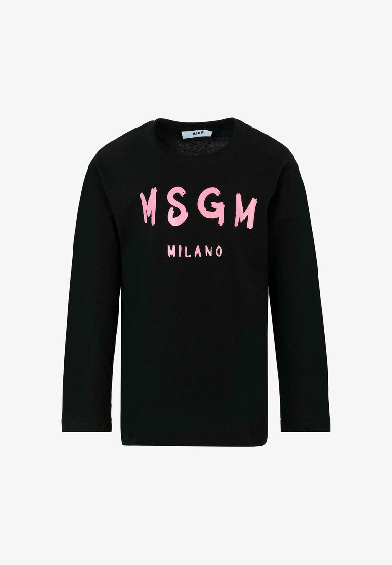 Zwarte longsleeve met roze "MSGM" en "MILANO" tekst gedrukt op de voorkant in vetgedrukt, gestileerd lettertype.