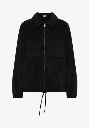 Veste en velours côtelé noir avec col, fermeture éclair à l'avant et deux poches poitrine. Comprend des poignets élastiques et une ceinture à nouer à la taille pour un ajustement réglable.