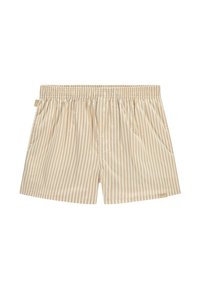Shorts bej cu dungi, cu un tiv elastic, două buzunare laterale și o etichetă mică a brandului la margine. Material neted, ușor.