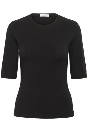 Maglietta nera a maniche corte realizzata in tessuto liscio con scollo rotondo e design aderente. Presenta cuciture minimaliste e nessun motivo.