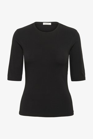 Maglietta nera a maniche corte realizzata in tessuto liscio con scollo rotondo e design aderente. Presenta cuciture minimaliste e nessun motivo.