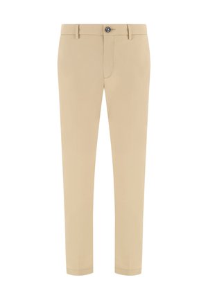Beige slim-fit trousers with belt loops, front button closure, and a tailored hem.
