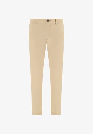 Beige slim-fit trousers with belt loops, front button closure, and a tailored hem.