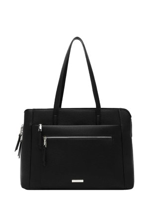 Borsa in pelle nera con doppi manici, tasca frontale con zip e dettagli con cerniera argentata su sfondo bianco.