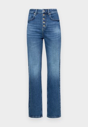 Høyt liv blå denimjeans med fem-knapps frontlukking, rett ben-design og subtil bleking på lårene.