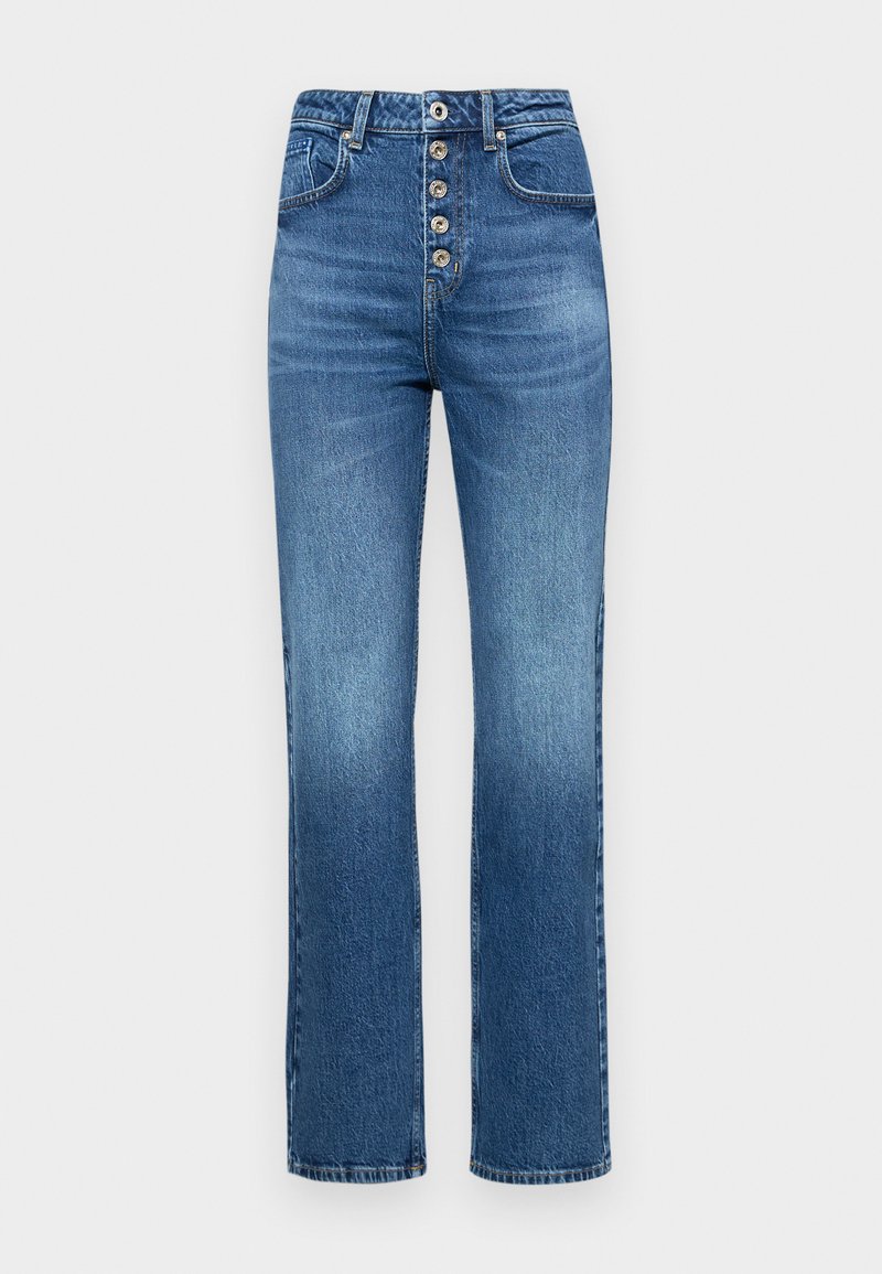Hoch taillierte blaue Jeans mit einem Fünf-Knopf-Verschluss, geradem Bein und subtilen Ausbleichungen auf den Oberschenkeln.